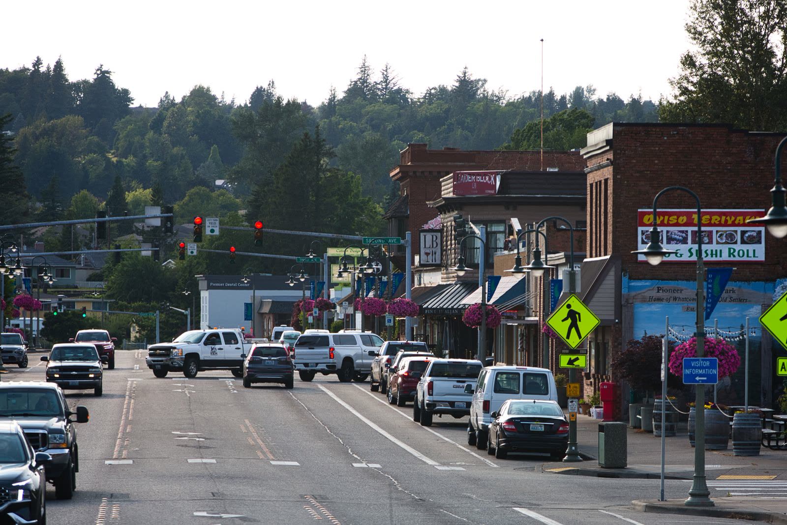 A small-town main street in daylight